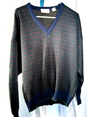 Vintage Wool Mix Murano Grandpa Sweater Mens Large Navy Blue Green Maroon V Neck